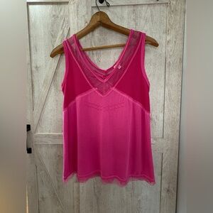 POL Hot Pink Oversized Tank Small Raw Hem Lace Trim